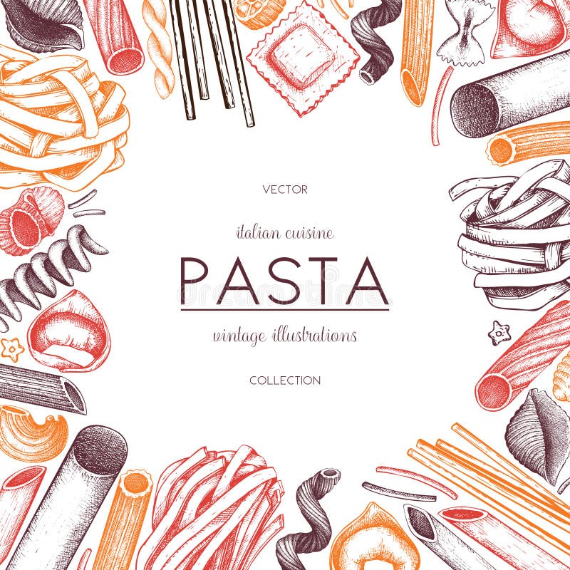 Vector menu template with traditional Italian pasta. Hand drawn food sketch. Vintage card or invitation design for cafe or restaurant design. Vector menu template with traditional Italian pasta. Hand drawn food sketch. Vintage card or invitation design for cafe or restaurant design